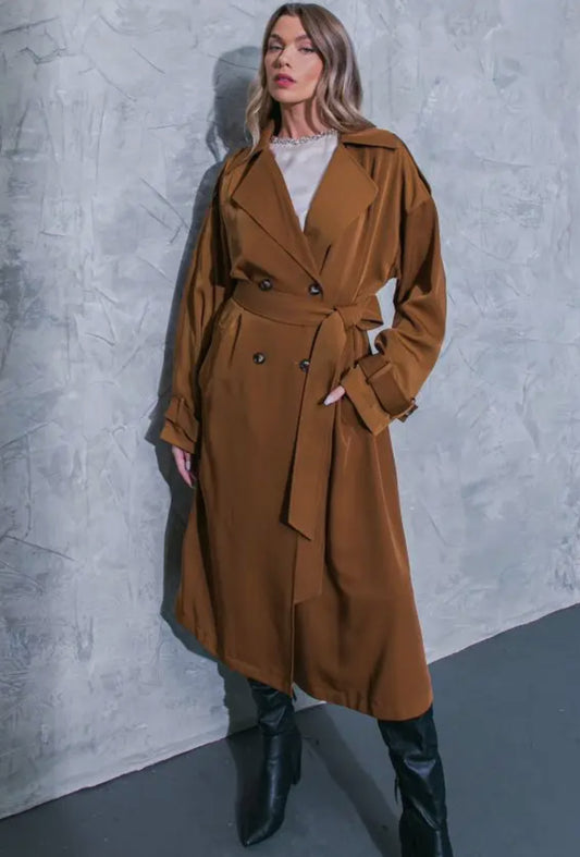 Brown Solid Woven Trench Coat Flying Tomato