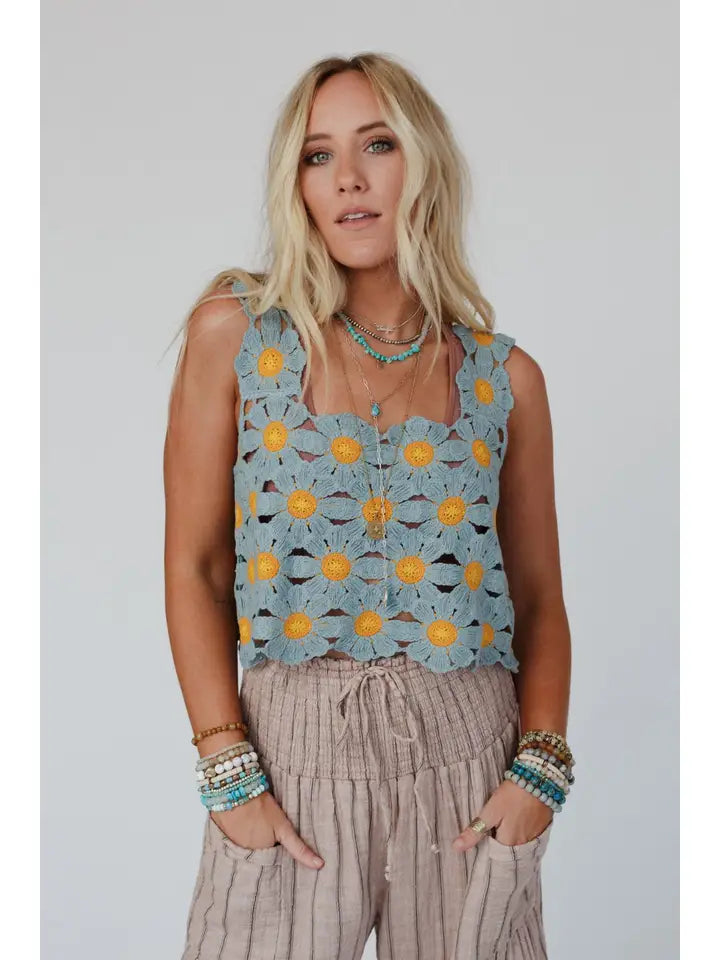 Daisy Bloom Crochet Top - Blue Three Bird Nest