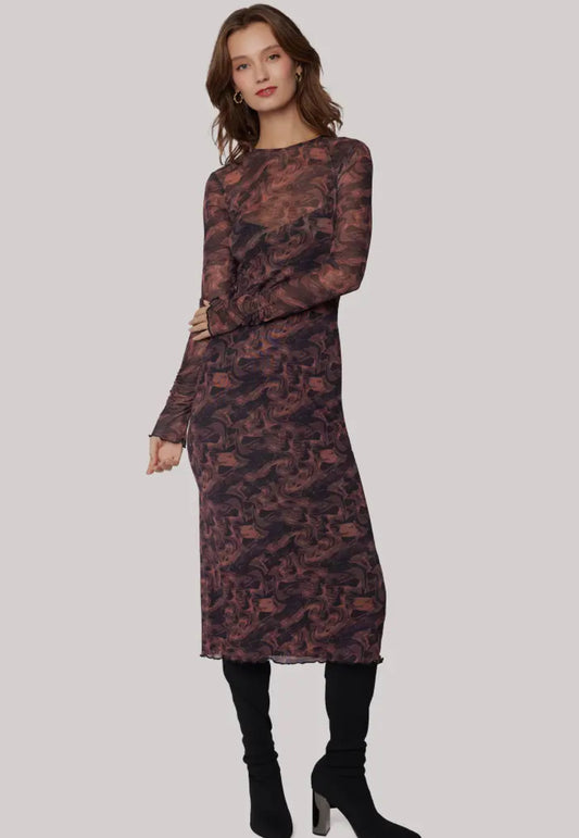 Contessa Midi Dress - Copper and Black Long Sleeve Fitted Lost + Wander