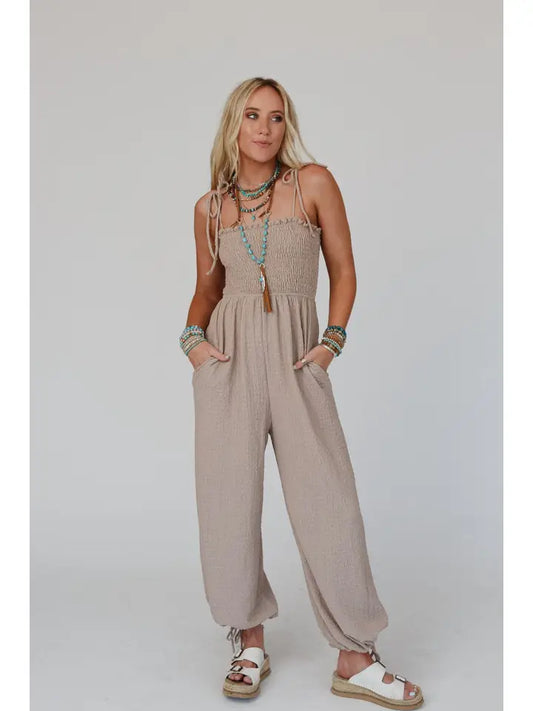 Perfect Timing Textured Jumpsuit - Beige Three Bird Nest