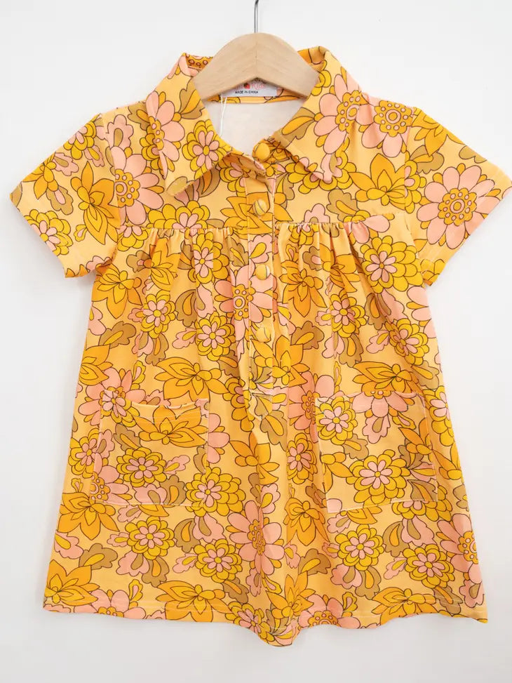 Seventies Yellow Retro Floral Collar Dress For Girls The Druzy Rose