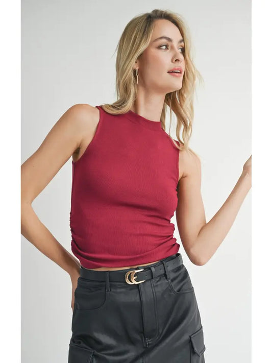 Ronan Mock Neck Ruched Knit Tank: Berry Red Sadie & Sage