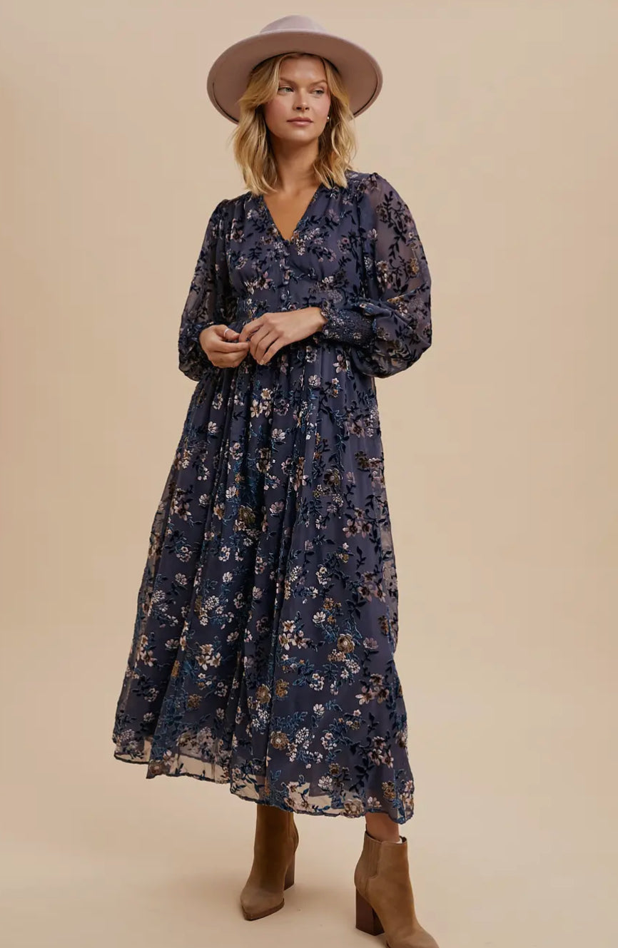 Velvet Detail Button Down Maxi Dress In Loom