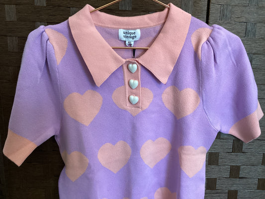 Lavender and Pink Hearts Short Sleeve Polo Sweater Unique Vintage