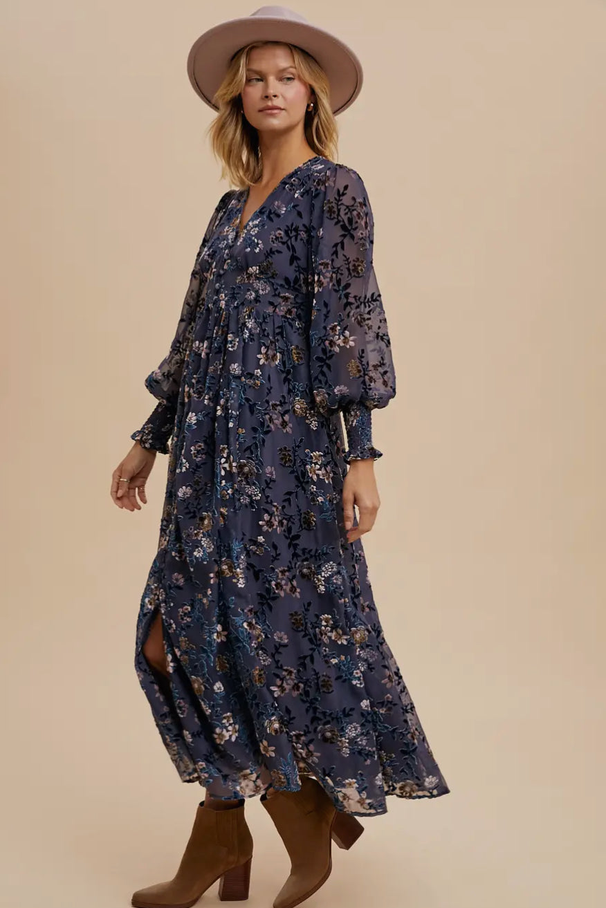 Velvet Detail Button Down Maxi Dress In Loom