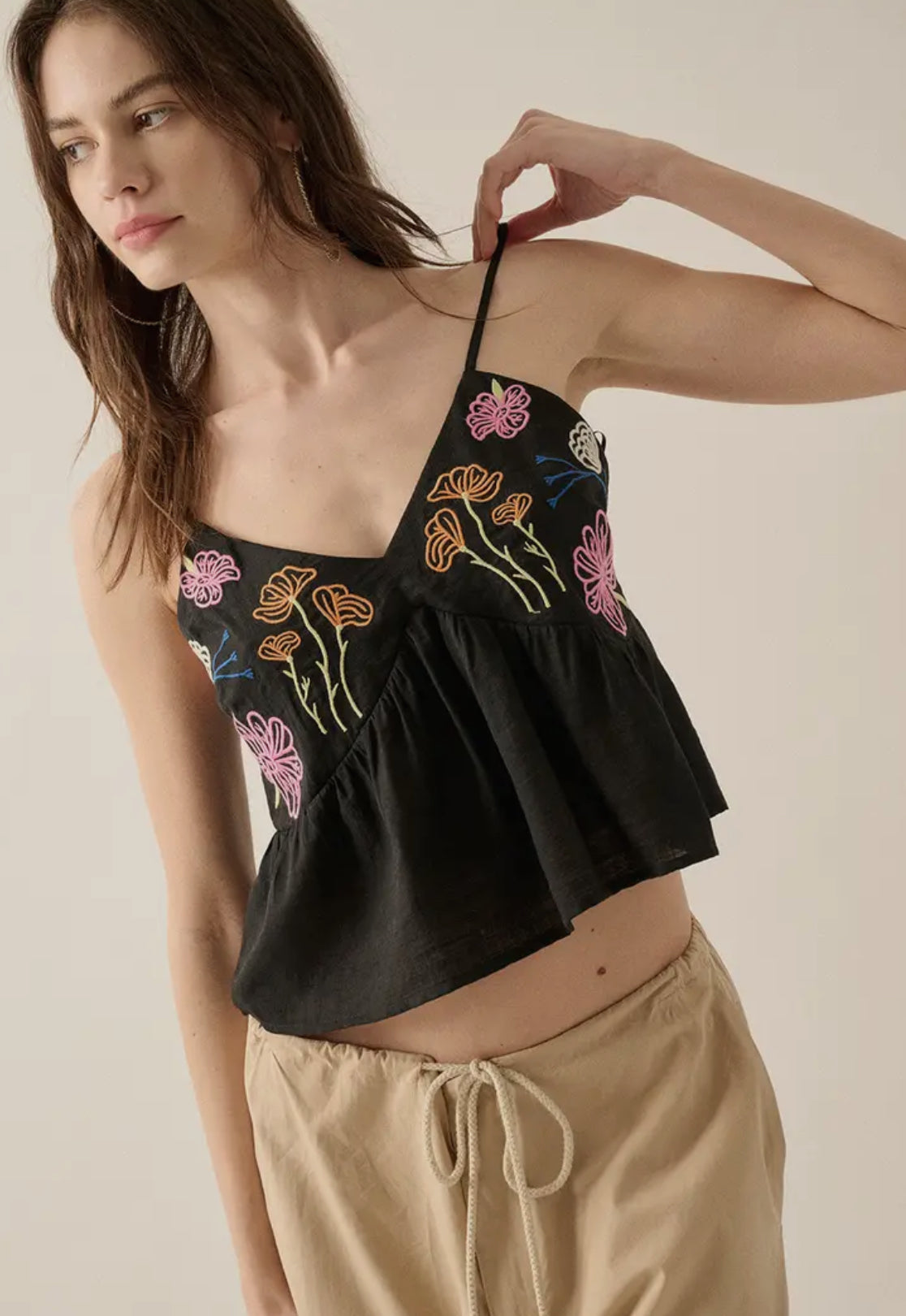 Floral Embroidered V-Neck Babydoll Cami Top Promesa USA