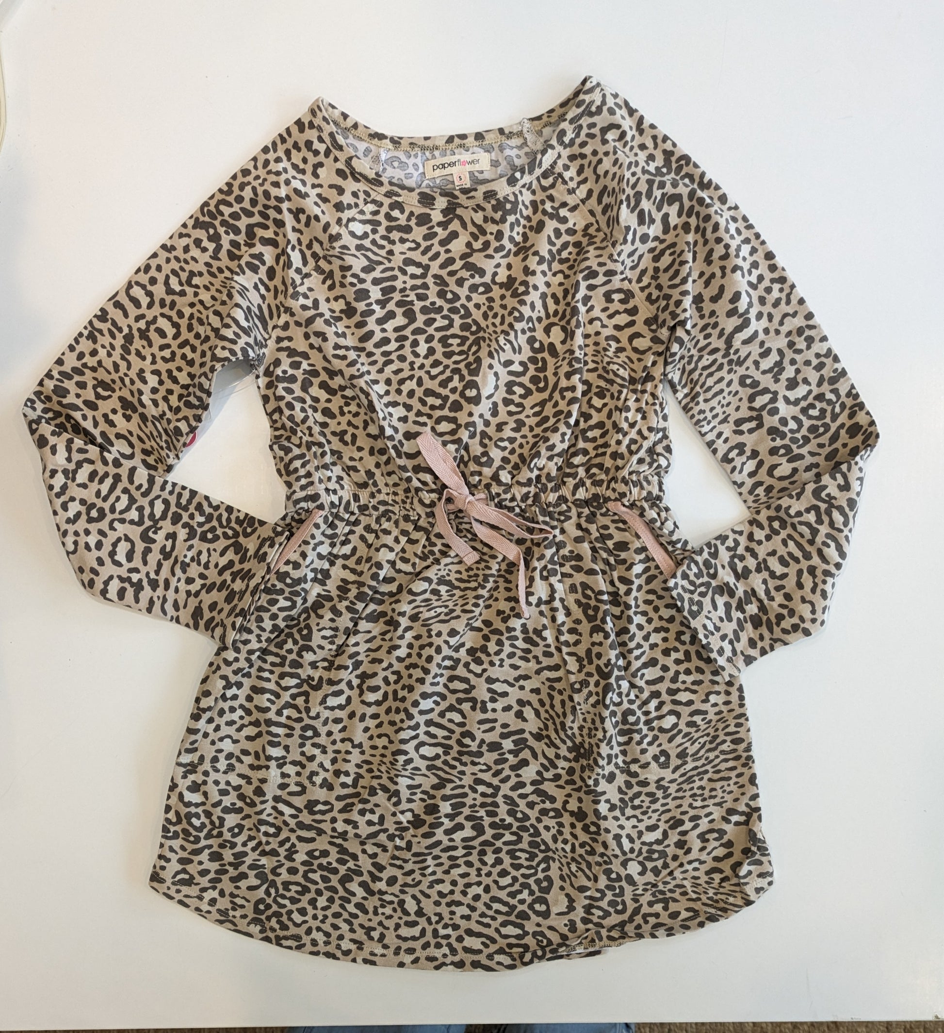 Leopard print long sleeve tween pocket dress Paper Flower