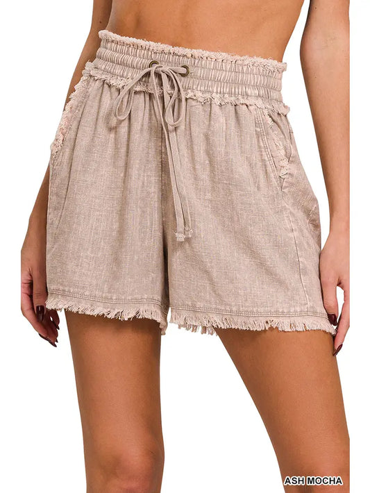 Washed Linen Frayed Hem Drawstring Shorts Vanilla Monkey