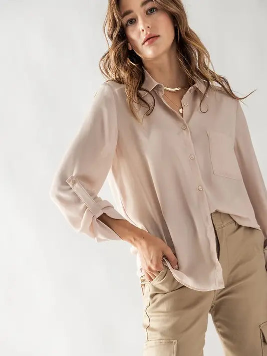 SINGLE FRONT POCKET BLOUSE BUTTON CLOSURE BLOUSE Urban Daizy