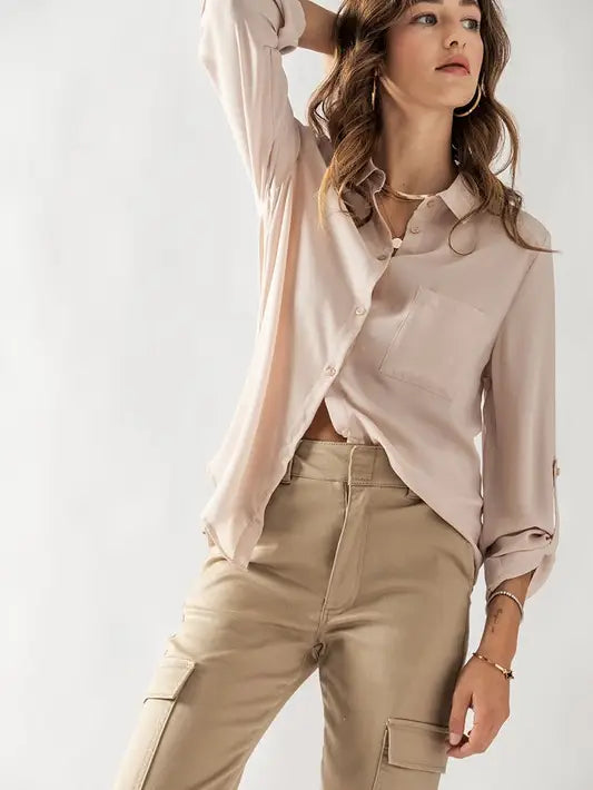 SINGLE FRONT POCKET BLOUSE BUTTON CLOSURE BLOUSE Urban Daizy