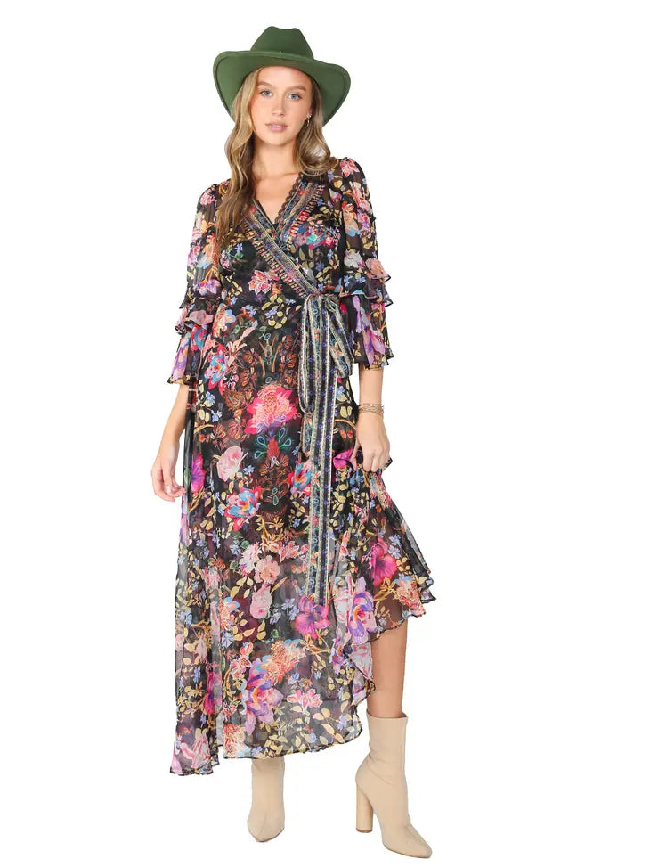 Beulah Multi Floral Printed Chiffon Wrap Dress Beulah Style