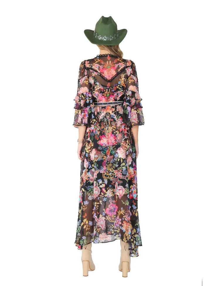 Beulah Multi Floral Printed Chiffon Wrap Dress Beulah Style