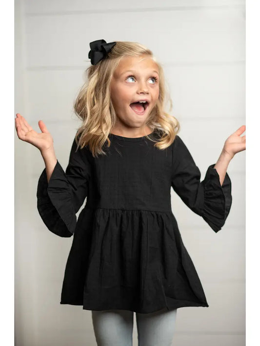 Kids Fall Black Ruffle Long Sleeve Shirt with buttons Adorable Sweetness