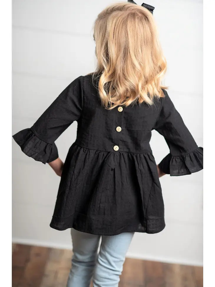 Kids Fall Black Ruffle Long Sleeve Shirt with buttons Adorable Sweetness