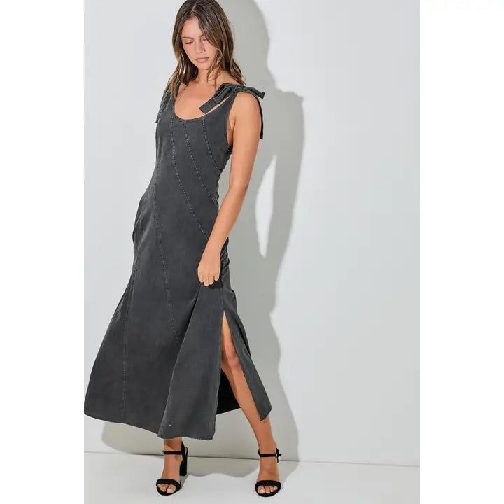 Denim Tie Strap Maxi Dress Baevely by Wellmade USA