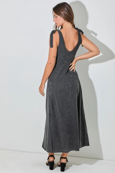 Denim Tie Strap Maxi Dress Baevely by Wellmade USA