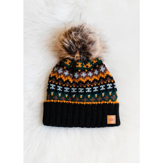 Black & Multicolored Patterned Pom Hat Panache Apparel Co.