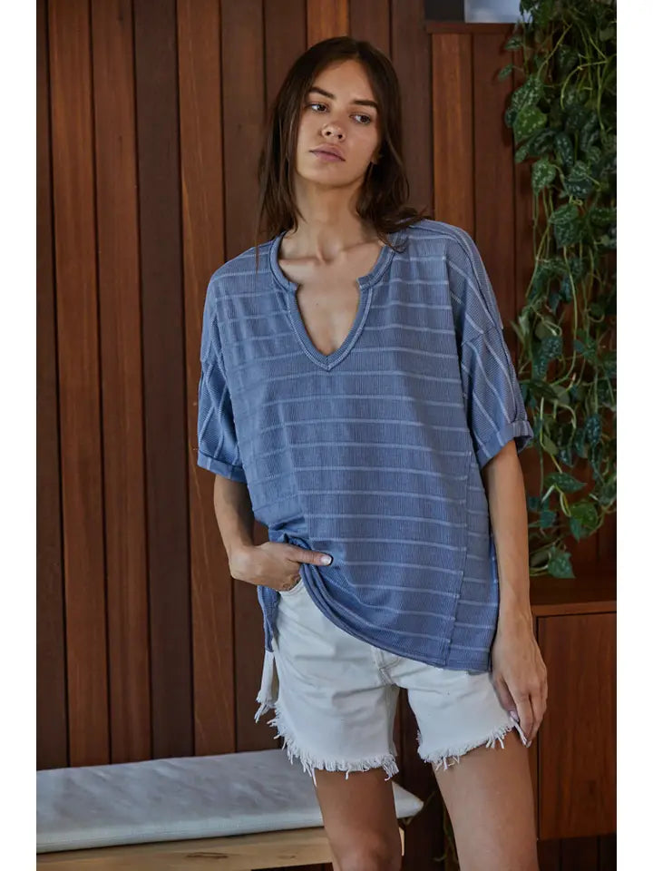 By Together - Striped V-Neck Knit Top with Side Slits By Together