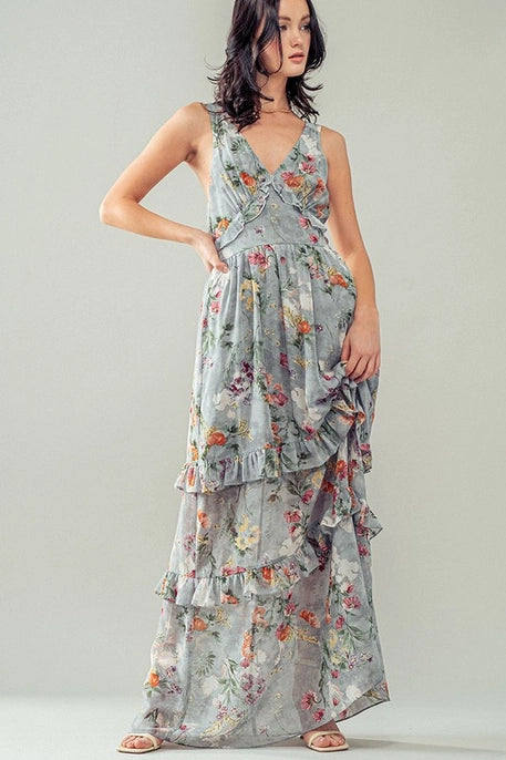 Tiered Floral Maxi Dress with Ruffle Trim and Smocked Back