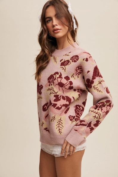 Floral Pattern Crew Neck Knit Sweater Sheer Trend