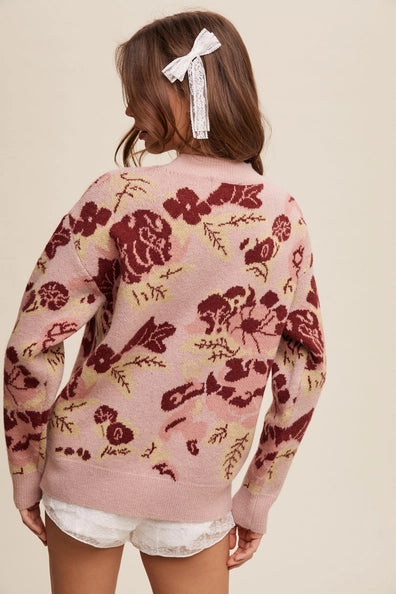 Floral Pattern Crew Neck Knit Sweater Sheer Trend