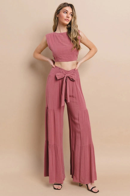 Boho Wide Leg Linen Palazzo Pants with Waist Sash Blue B