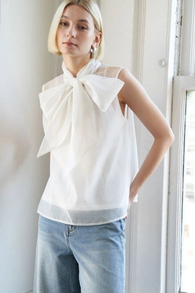 Solid Organza Bow Neck Top Flying Tomato