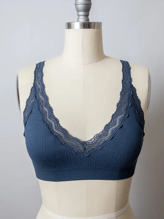 Romantic Lace Trim Padded Bralette - Navy Leto Accessories