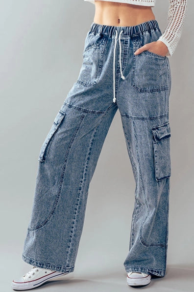 Denim Drawstring Cargo Pocket Pants. Urban Daizy