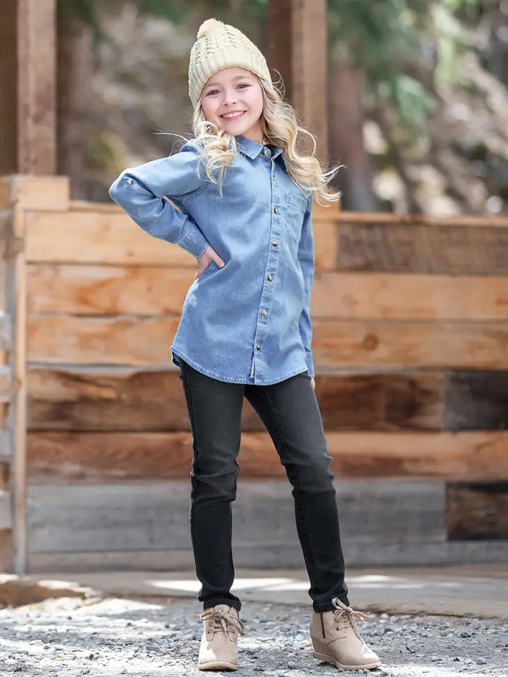 Light Wash Long Sleeve Button Down Blue Ruffle Butts