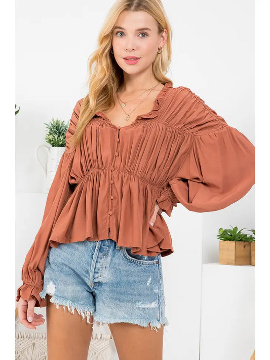 SHIRRED BUTTON UP BLOUSE Bluivy