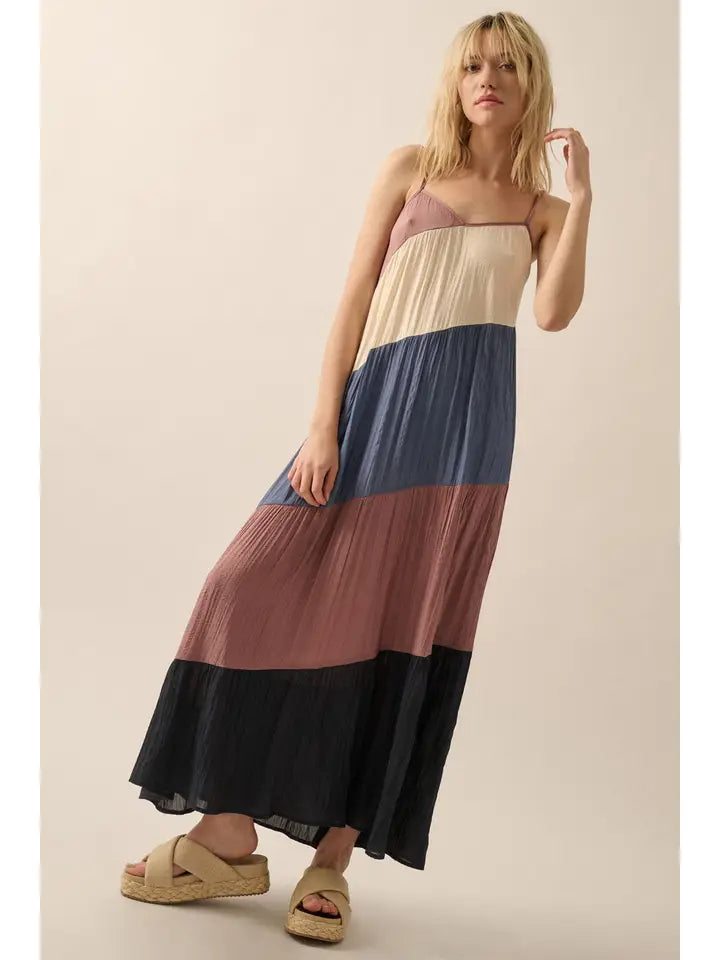 Color Block V Neck Cami Strap Maxi Dress Promesa USA