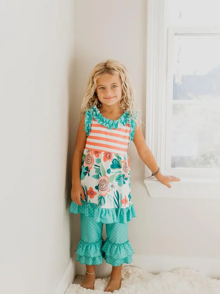 Kids Teal Peach Stripe Floral Spring Summer Ruffle Capri Set Adorable Sweetness