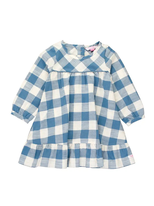 Girls Countryside Blue Plaid Long Sleeve Ruffle Hem Dress Ruffle Butts