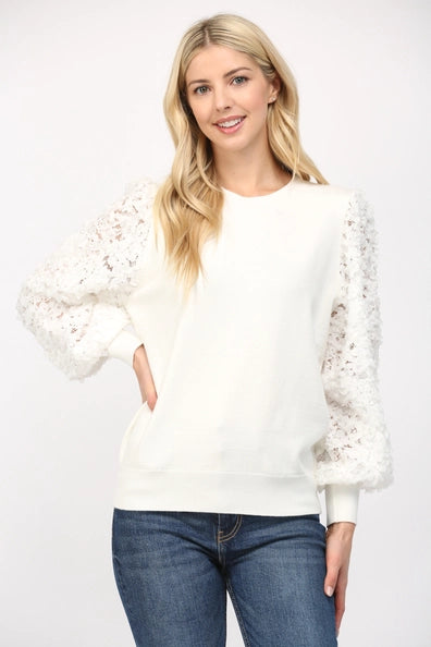 Contrast 3D Floral Lace SL Crew Neck Sweater FW11056 CREAM FATE