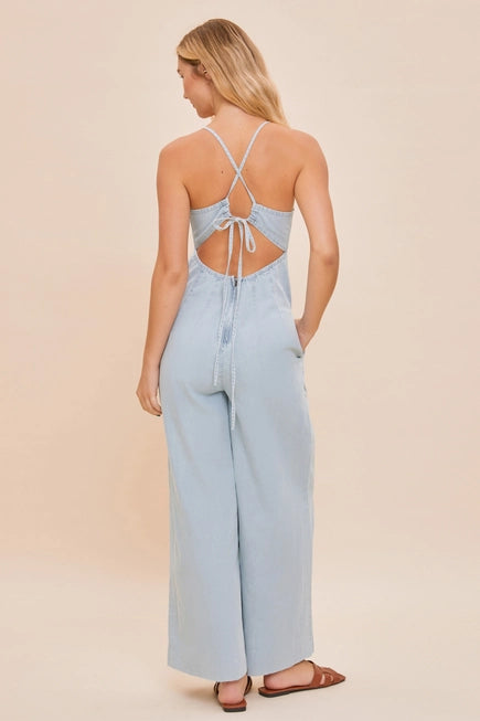 Back Ribbon Tie Denim Jumpsuit mustard seed