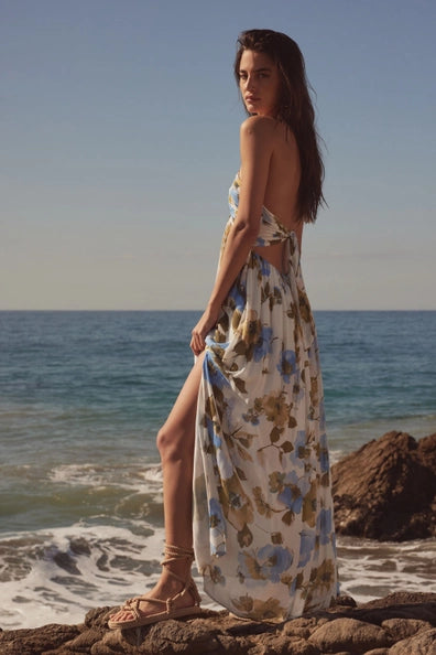 Floral Crepe Open-Back Halter Maxi Dress Promesa USA