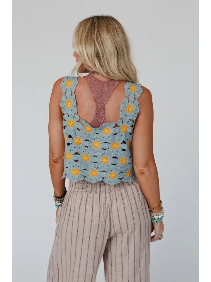 Daisy Bloom Crochet Top - Blue Three Bird Nest