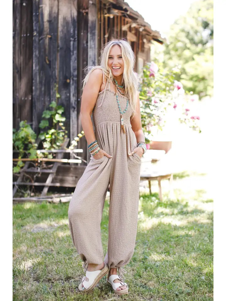 Perfect Timing Textured Jumpsuit - Beige Three Bird Nest