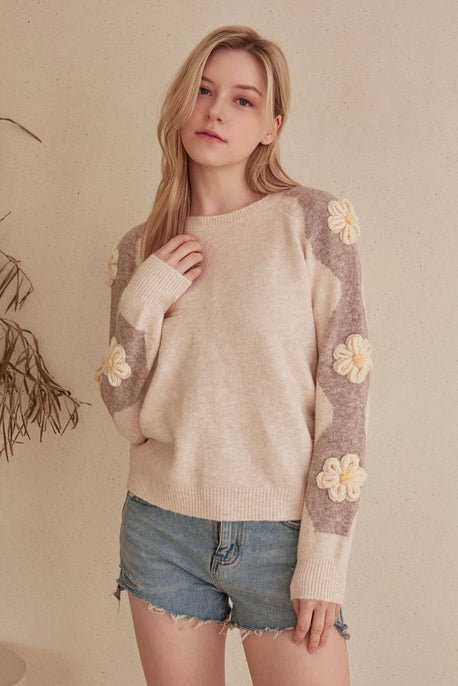 Fuzzy Floral Sleeve Detail Sweater Mello