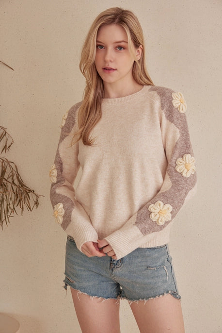 Fuzzy Floral Sleeve Detail Sweater Mello