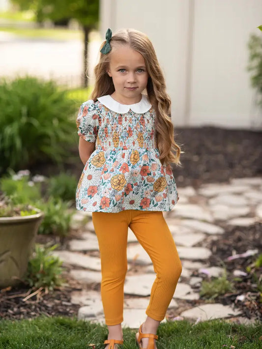 Kids Mustard Vintage Floral Smocked Two Piece Set The Druzy Rose