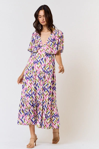 Printed Deep V-Neck Flutter Sleeve Maxi Dress The Druzy Rose