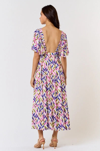 Printed Deep V-Neck Flutter Sleeve Maxi Dress Lalavon