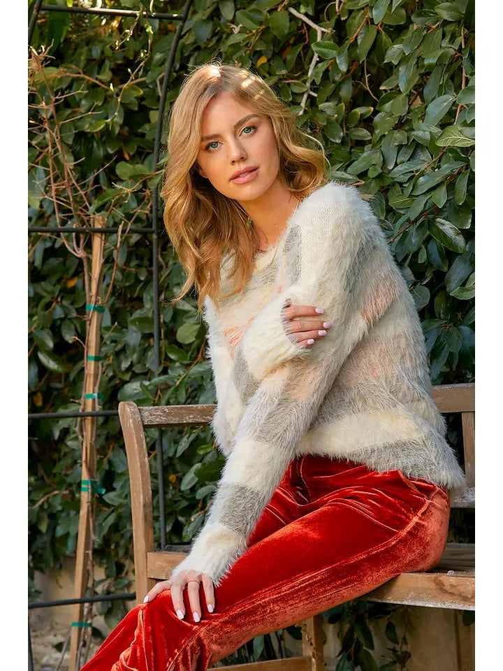 Fuzzy Multicolor Stripe Sweater Cream Mix Mystree