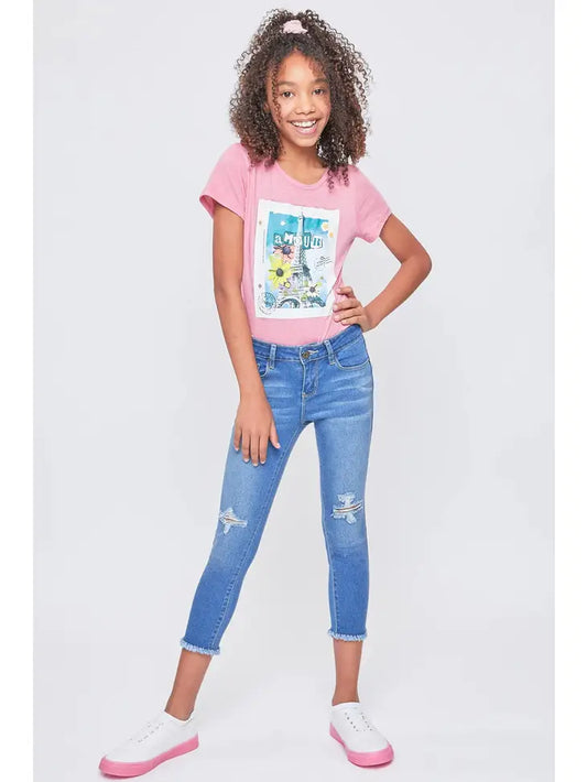 Girls Basic Mid-Rise 1-Button Fray Hem Anklet Jean YMI