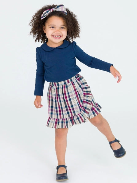 Girls Dark Navy Peter Pan Collar Long Sleeve Top Ruffle Butts