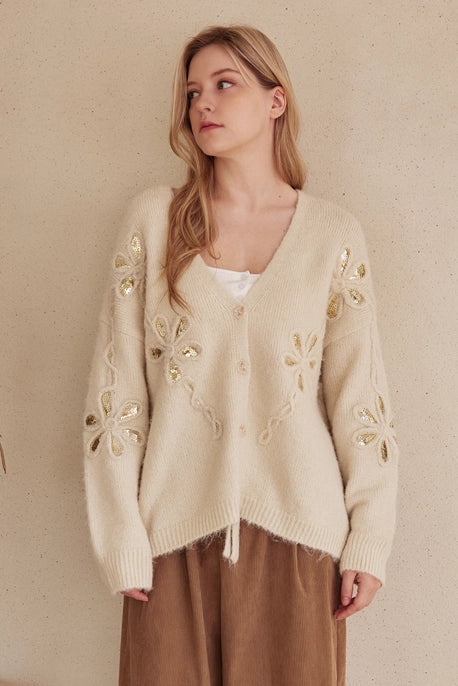 Gold Sequin Floral Cardigan Mello