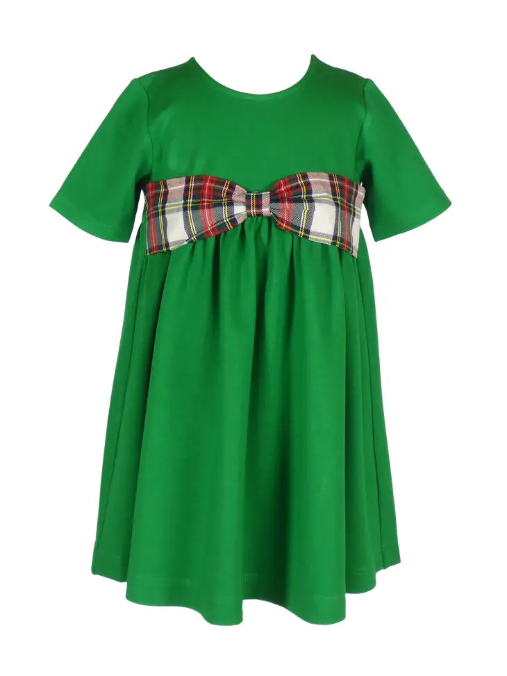 North Pole Plaid - Beatrice Bow Dress in Green Knit The Yellow Lamb