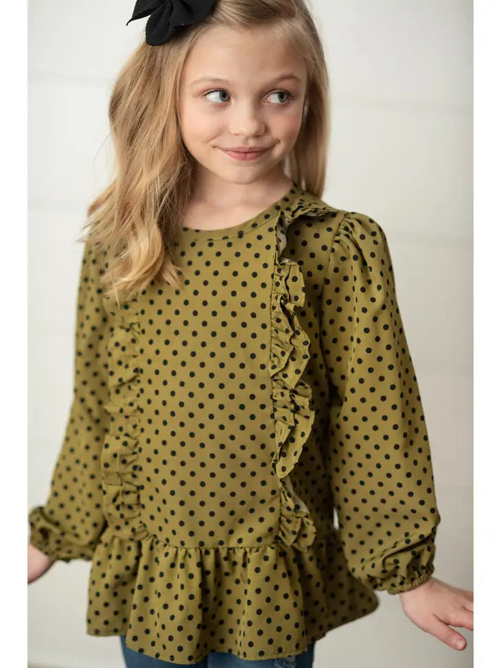 Kids Olive Black Polka Dot Long Sleeve Ruffle Fall Shirt Oopsie Daisy